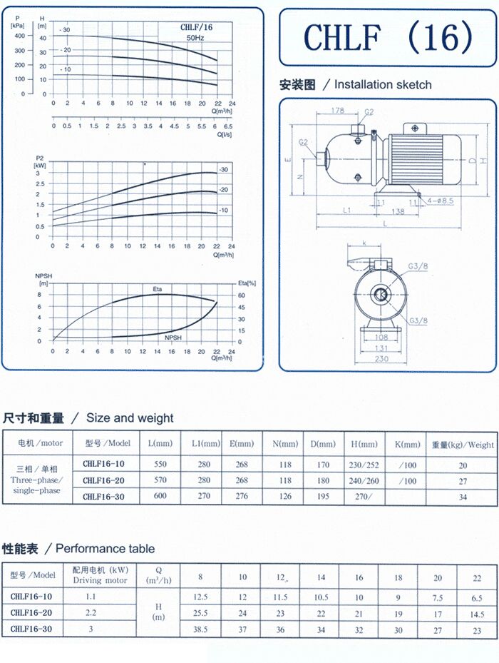CHLF輕型立式不銹鋼多級離心泵安裝圖、尺寸、性能