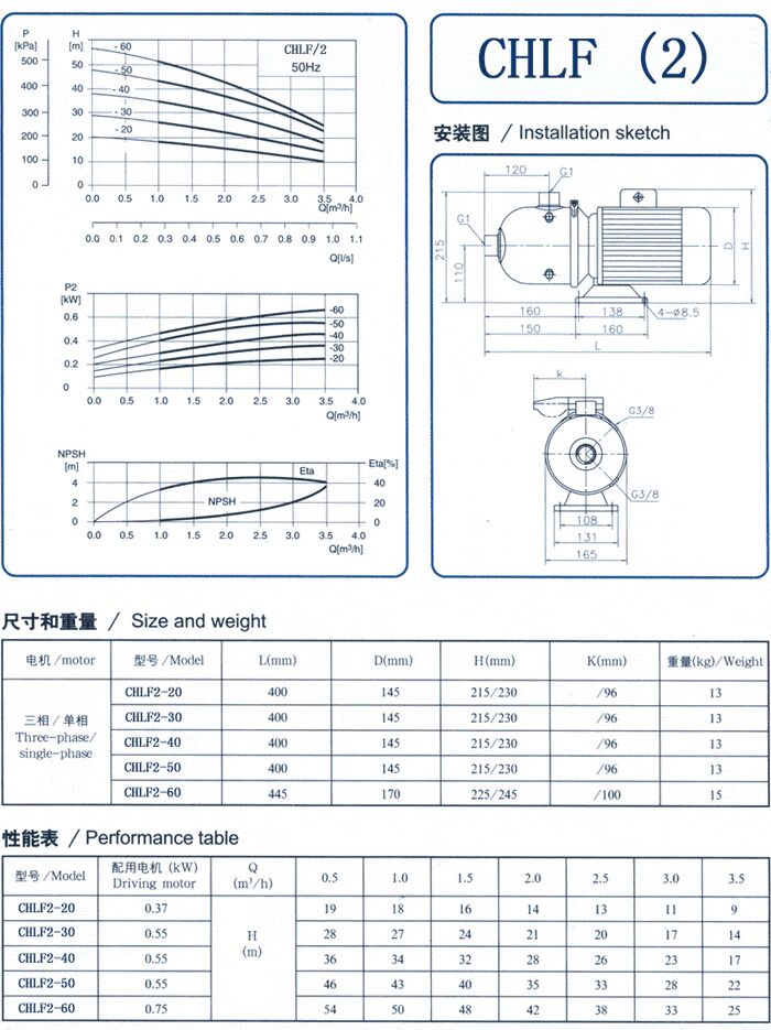 CHLF輕型立式不銹鋼多級離心泵安裝圖、尺寸、性能